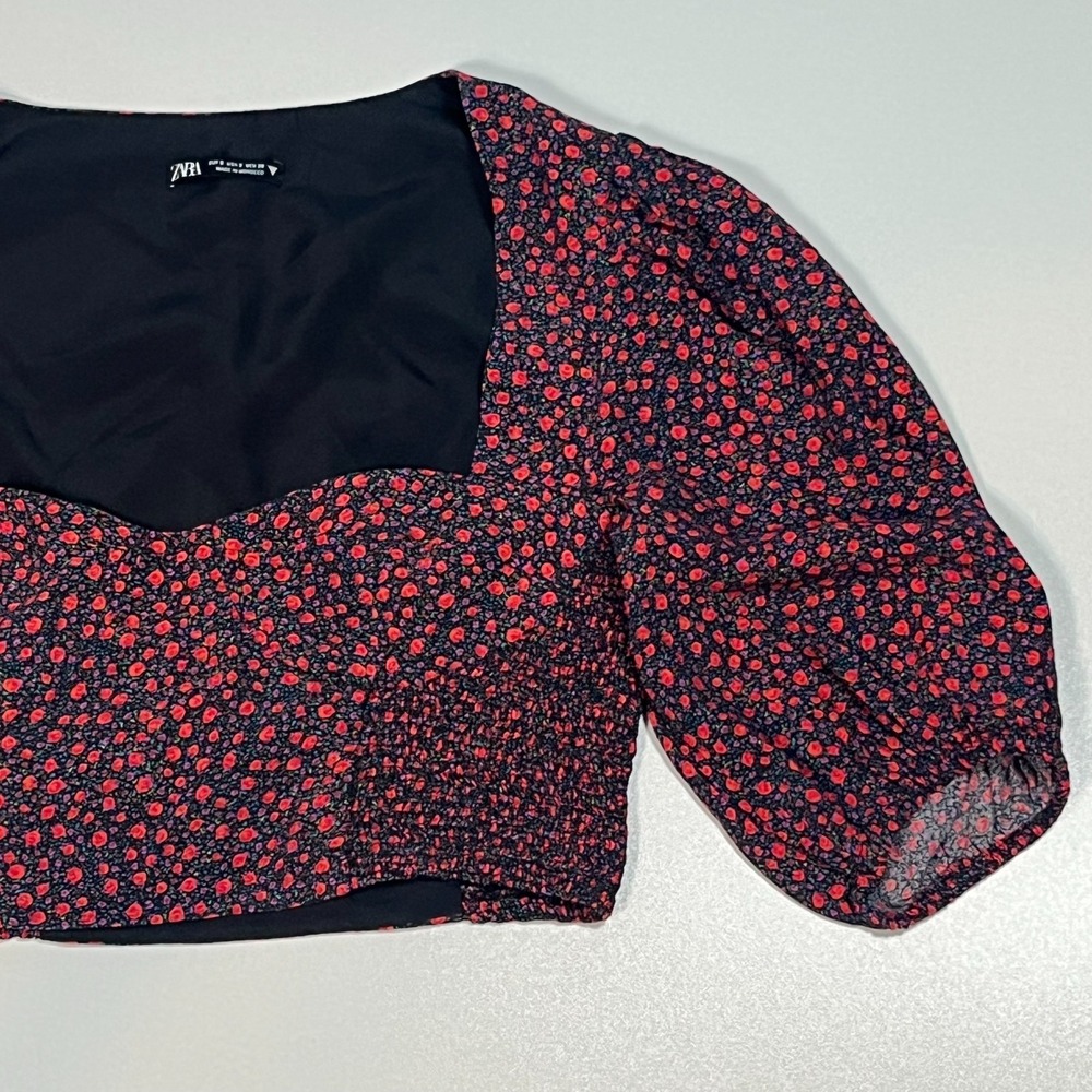 Zara Floral‎ Poplin Crop Top Size S Smocked Puff Sleeve Sweetheart Boho Blouse